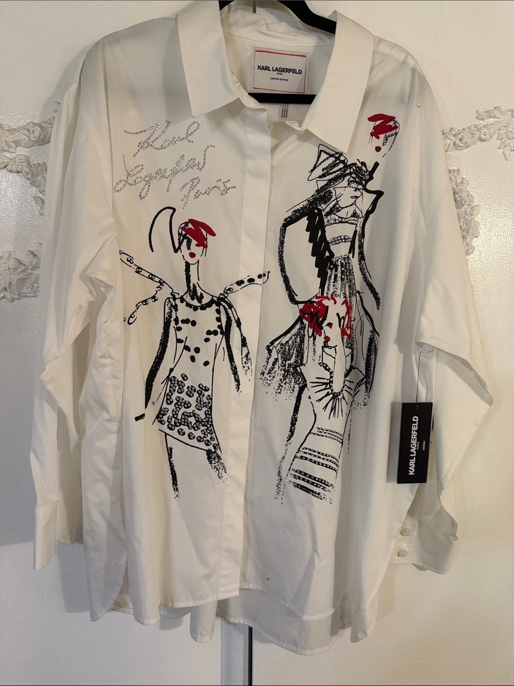 Karl Lagerfeld White Blinged Shirt with Black Sketches and Red Accents 2X. NWT